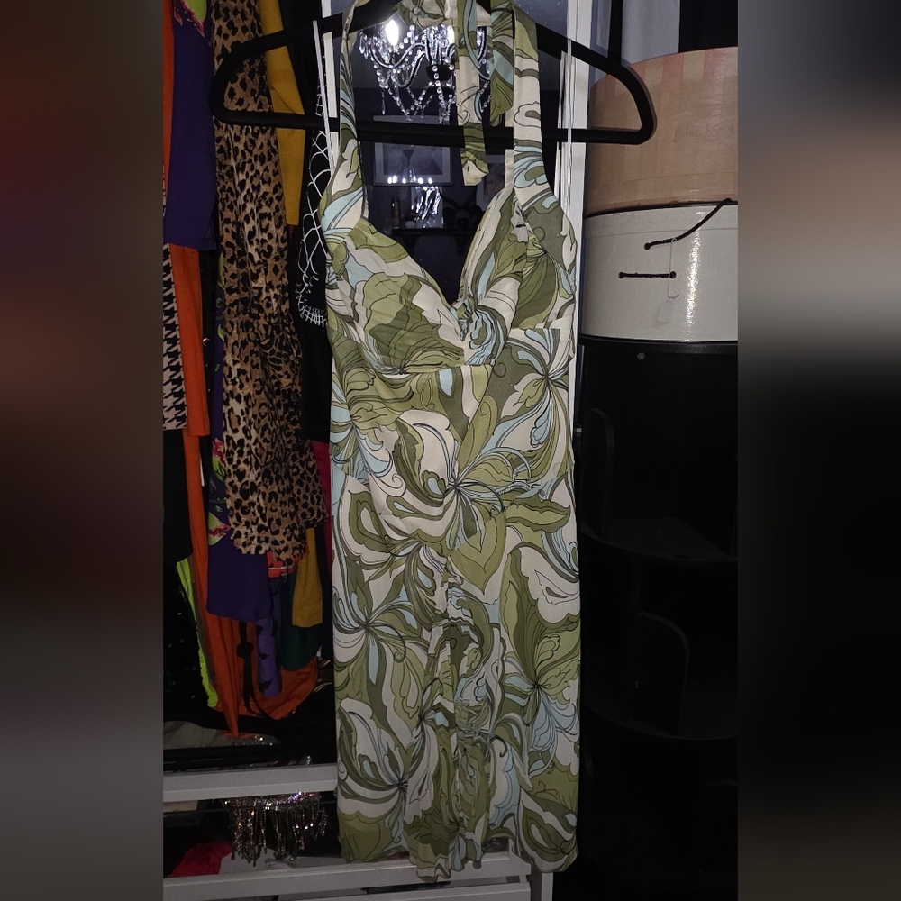 ABS Allen Schwartz Olive and White Halter Swirl Midi Dress